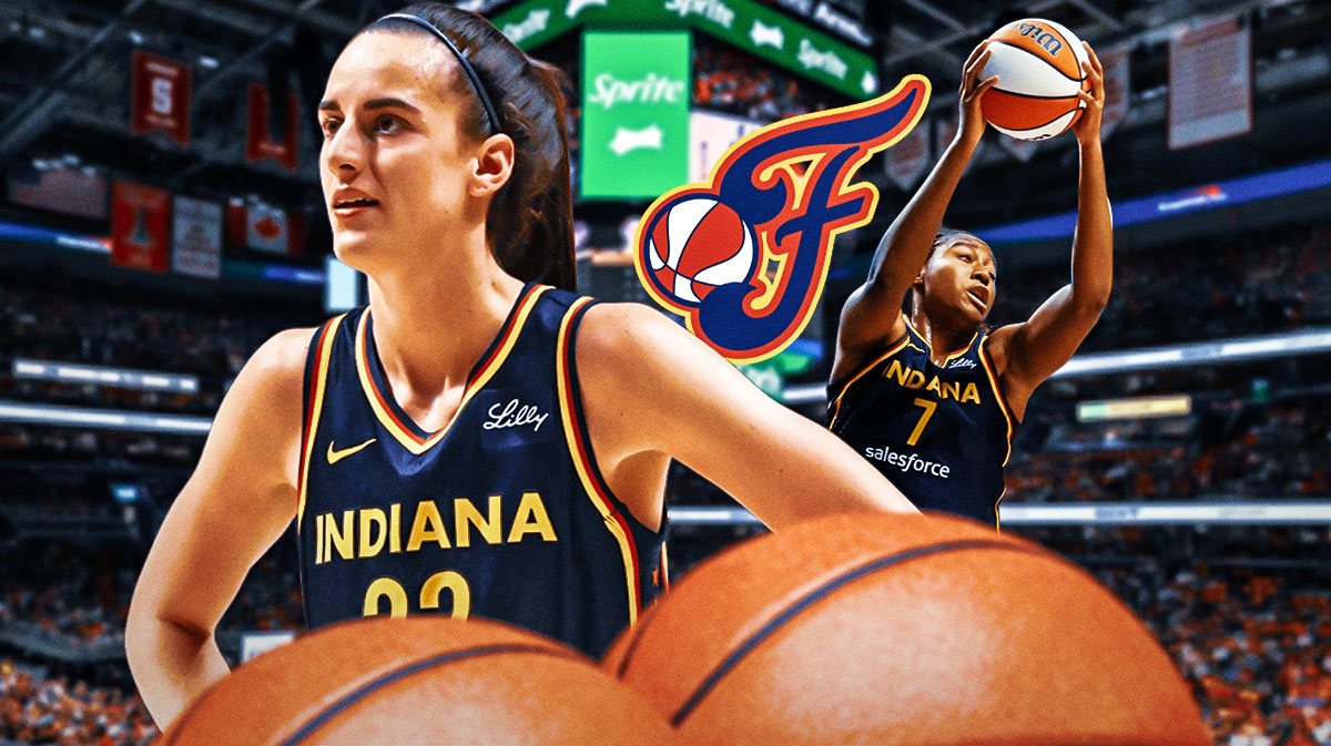 Caitlin Clark maybe just standing idle and Aliyah Boston going up for a rebound. Indiana Fever logo.