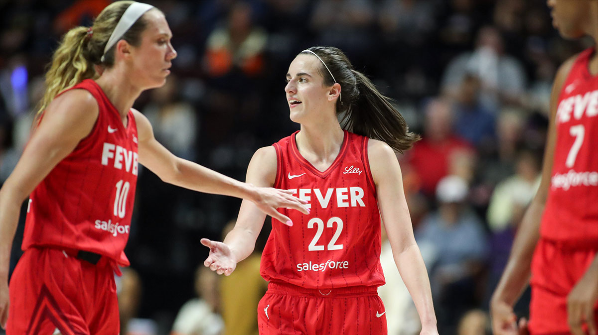 Indiana Fever guard Caitlin Clark (22) reacts during the second half against the Connecticut Sun during game two of the first round of the 2024 WNBA Playoffs at Mohegan Sun Arena. 