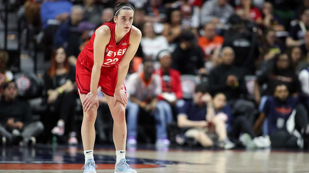 Indiana Fever guard Caitlin Clark (22) looks on during the first half against the Connecticut Sun during game two of the first round of the 2024 WNBA Playoffs at Mohegan Sun Arena.