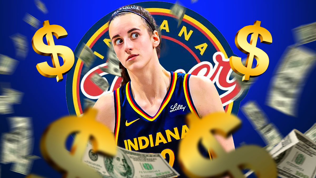 Indiana Fever player Caitlin Clark with dollar signs and money floating around her. Have the Fever logo in the background, rookie card