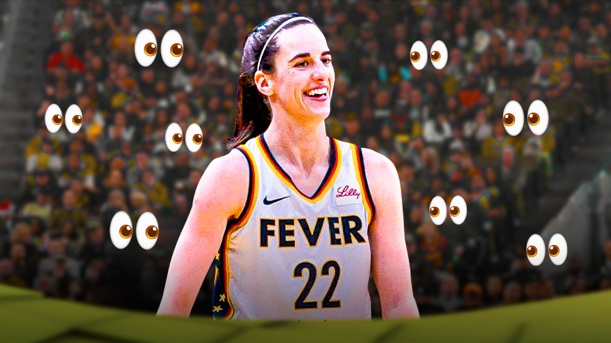 Fever's Caitlin Clark smiling, with starry-eyed emojis all over her