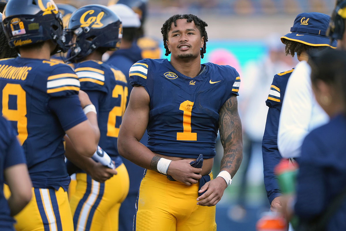 California Golden Bears running back Jaydn Ott (1) walks on the sideline during the fourth quarter against the UC Davis Aggies at California Memorial Stadium.