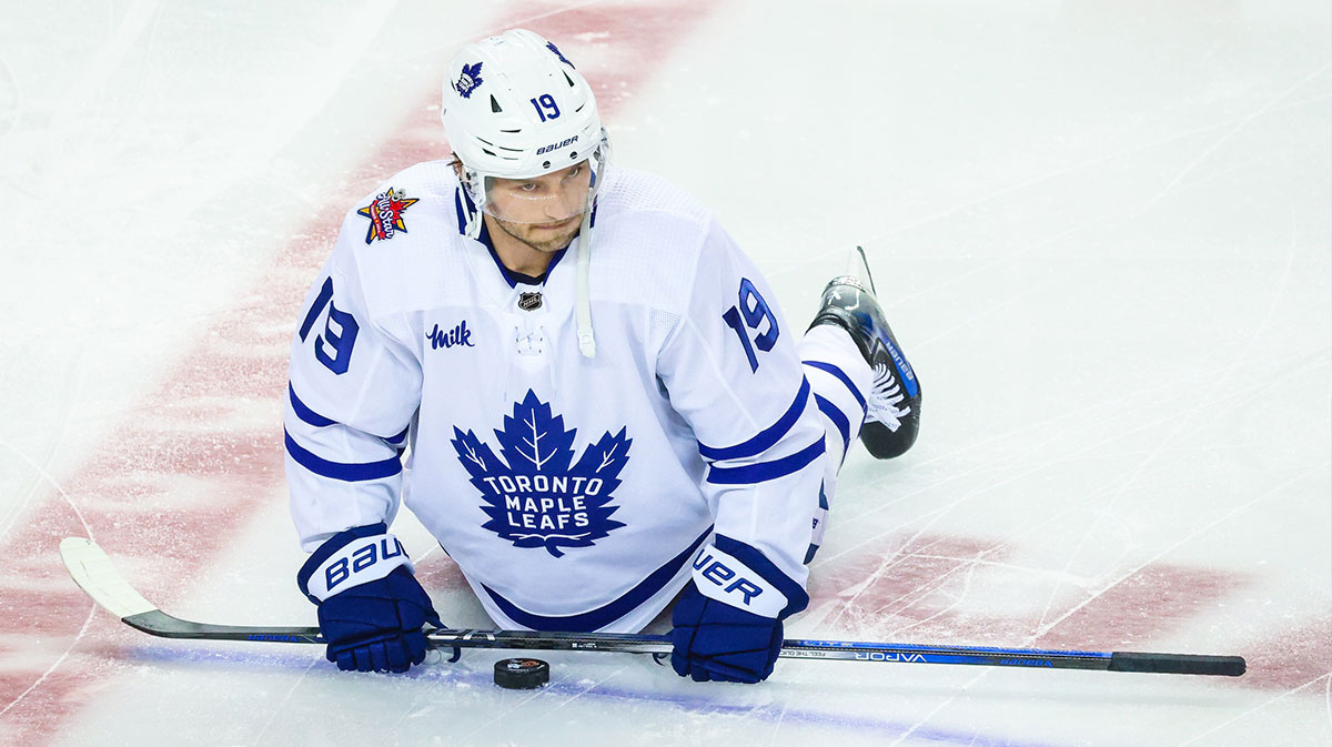 Toronto Maple Leafs center Calle Jarnkrok (19) during the warmup period against the Calgary Flames at Scotiabank Saddledome.