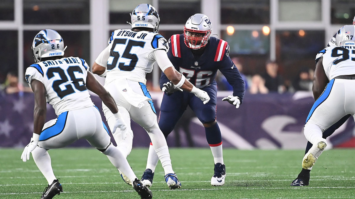 August 8, 2024; Foxborough, MA, USA; New England Patriots offensive tackle Calvin Anderson (76) blocking Carolina Panthers defensive end Kenny Dyson Jr. (55) during the first half at Gillette Stadium. 