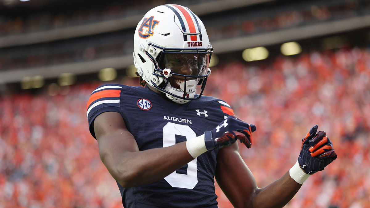 Auburn Tigers wide receiver Cam Coleman (8) celebrates after scoring a touchdown against the Alabama A&M Bulldogs during the first quarter at Jordan-Hare Stadium.