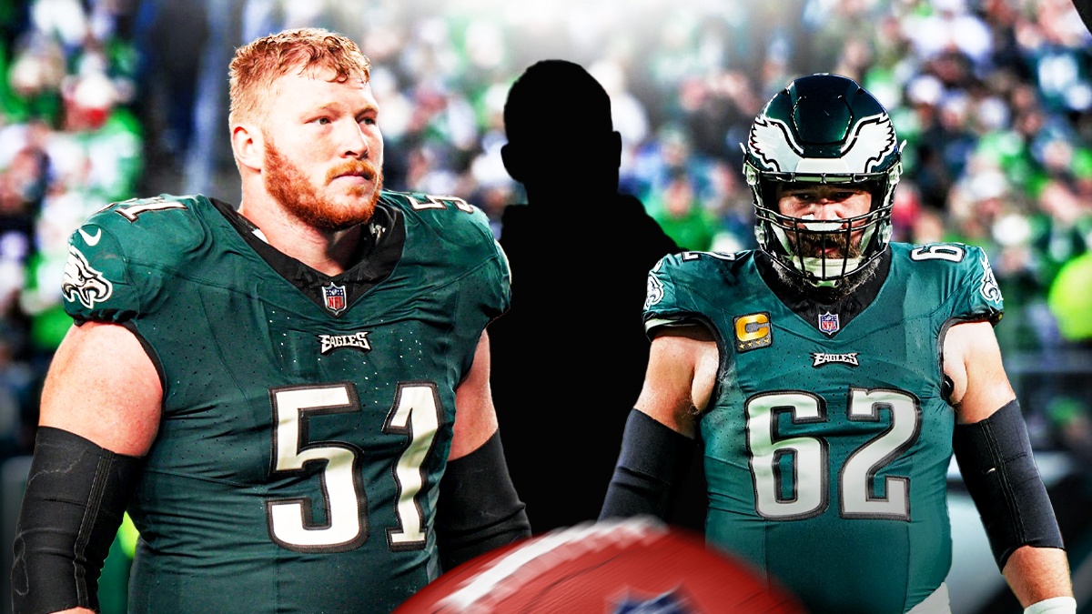 Cam Jurgens next to Jason Kelce and the blacked-out silhouette of Nick Sirianni