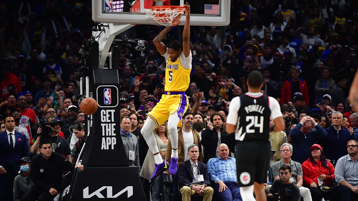 Los Angeles Clippers owner Steve Ballmer reacts after Los Angeles Lakers forward Cam Reddish (5) dunks for the basket during the second half at Crypto.com Arena.