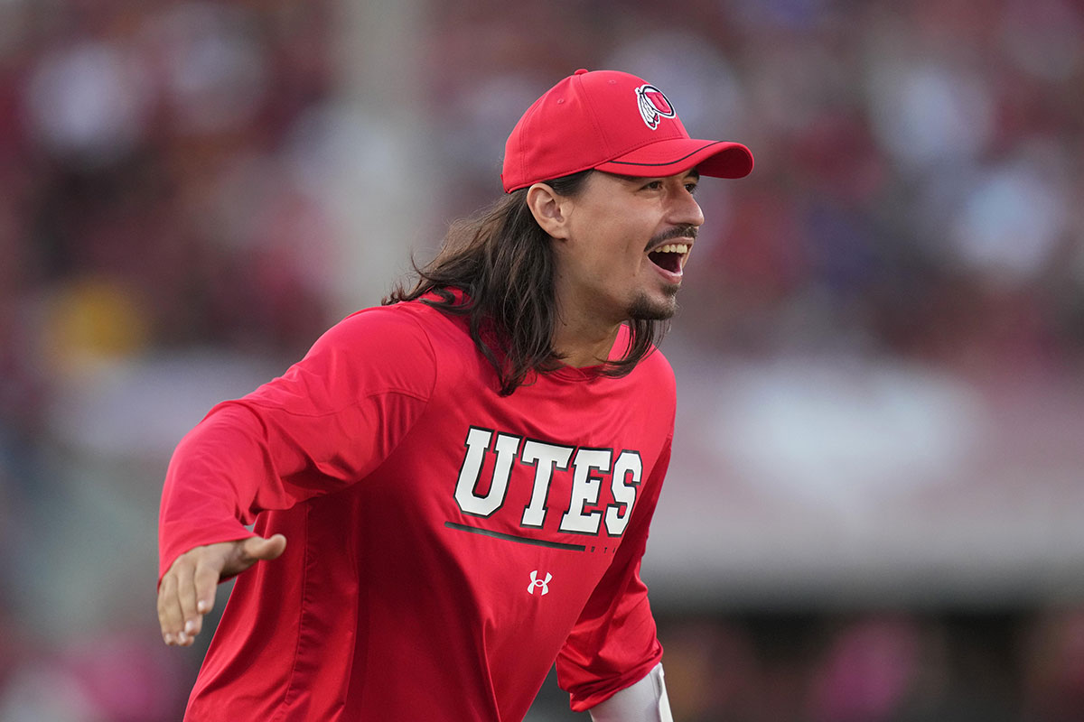 Utah Utes quarterback Cam Rising reacts against the Southern California Trojans at United Airlines Field at Los Angeles Memorial Coliseum.