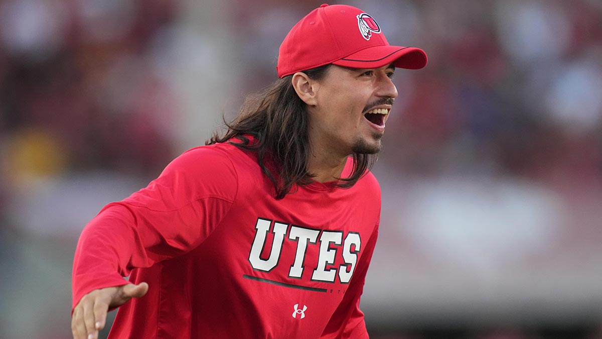 Utah Utes quarterback Cam Rising reacts against the Southern California Trojans at United Airlines Field at Los Angeles Memorial Coliseum.