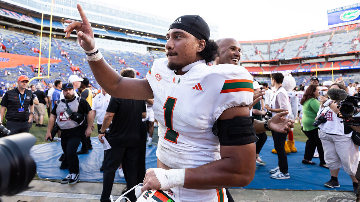 Aug 31, 2024; Gainesville, Florida, USA; Miami Hurricanes quarterback Cam Ward (1) reacts after a game against the Florida Gators at Ben Hill Griffin Stadium. Mandatory Credit: Matt Pendleton-Imagn Images