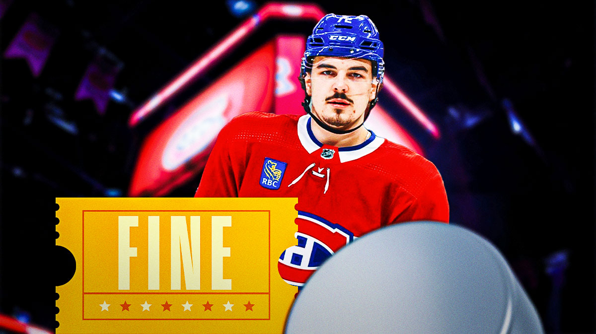 Montreal Canadiens' Arber Xhekaj with a "Fine" ticket inside Bell Centre