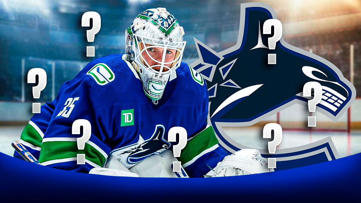 Thatcher Demko in image looking hopeful, 3-5 question marks, Vancouver Canucks logo, hockey rink in background