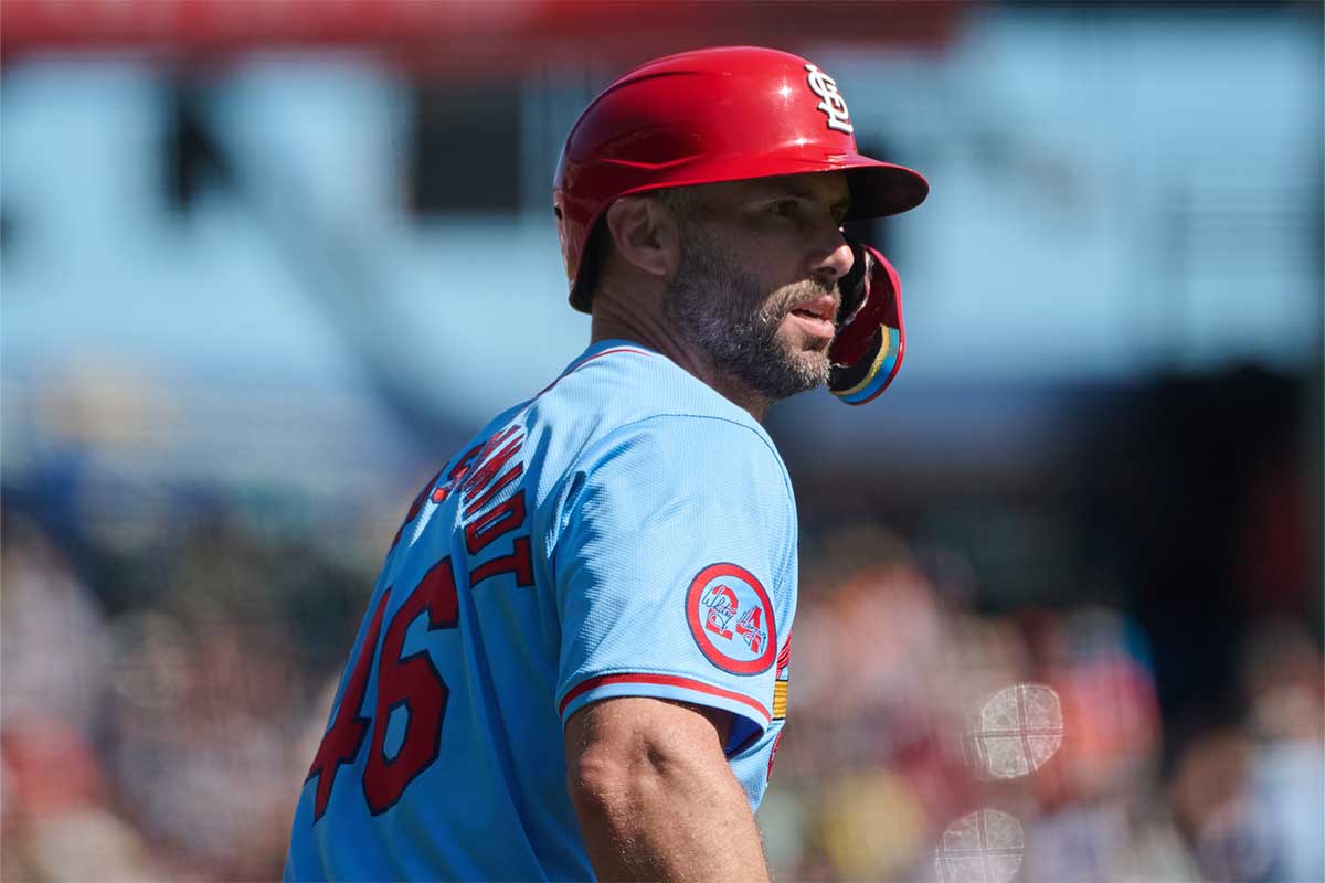 St. Louis Cardinals infielder Paul Goldschmidt (46) takes a lead from third base against the San Francisco Giants during the third inning at Oracle Park.