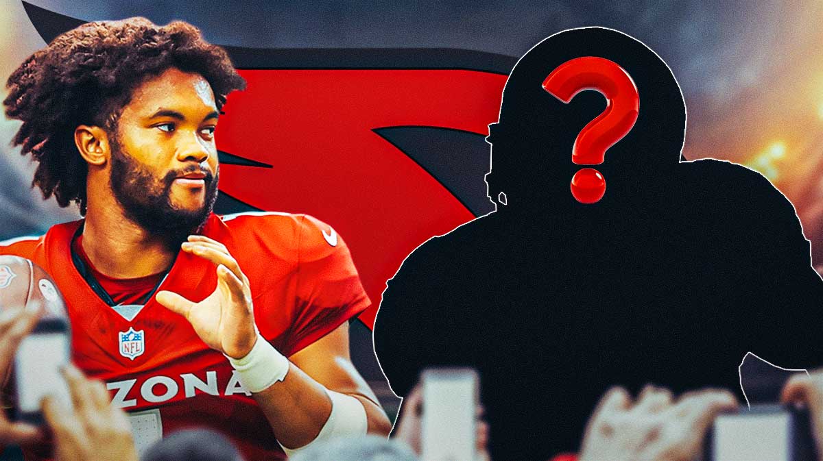 Arizona Cardinals QB Kyler Murray with a silhouette of an American football player with a big question mark emoji inside. There is also a logo for the Arizona Cardinals.
