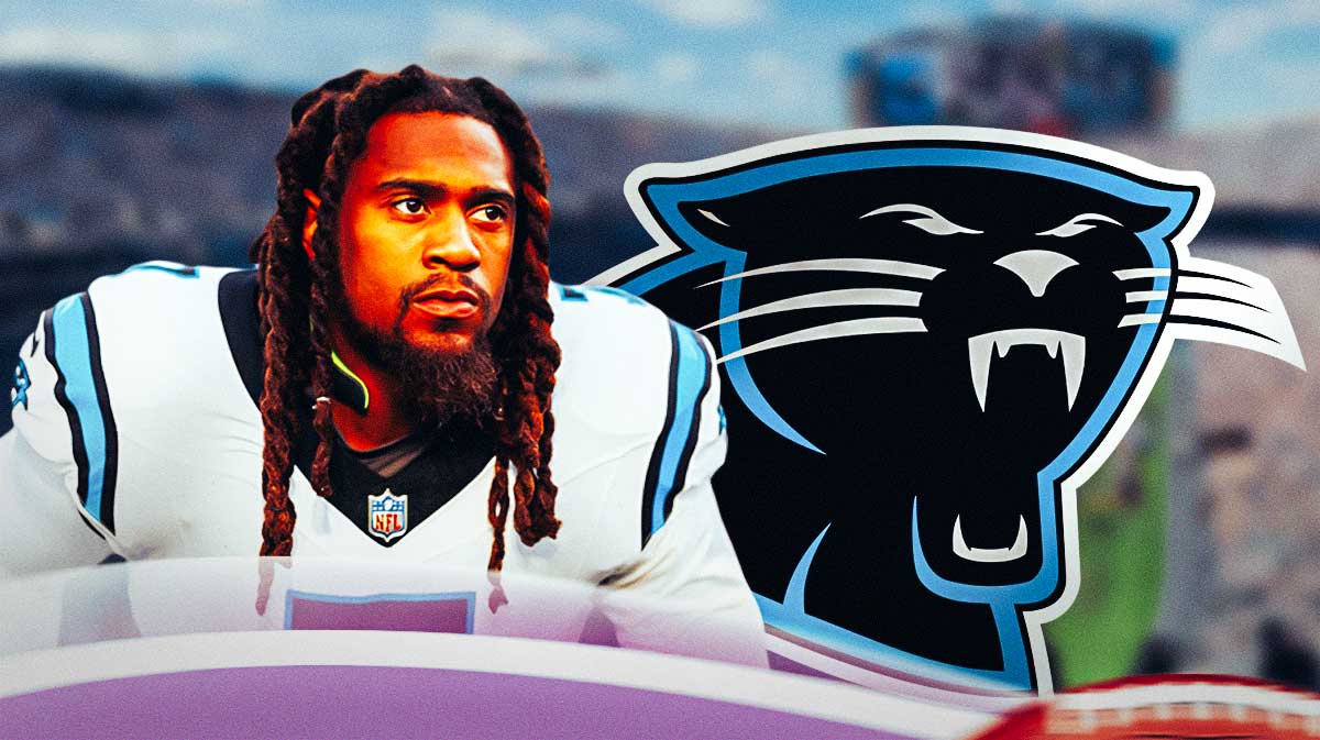 Panthers linebacker Shaq Thompson next to the Panthers logo with the football field in the background