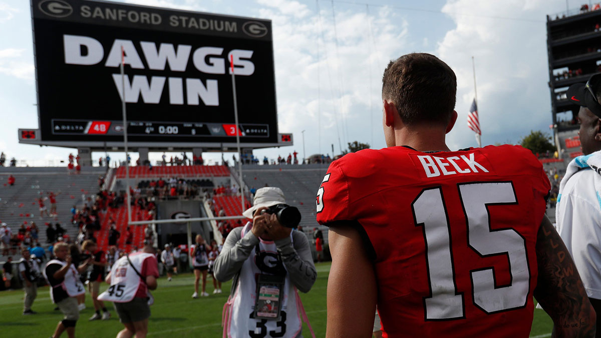 Georgia quarterback Carson Beck (15) heads to the locker room after a NCAA Aflac Kickoff game against Tennessee Tech in Athens, Ga., on Saturday, Sept. 7, 2024. Georgia won 48-3.
