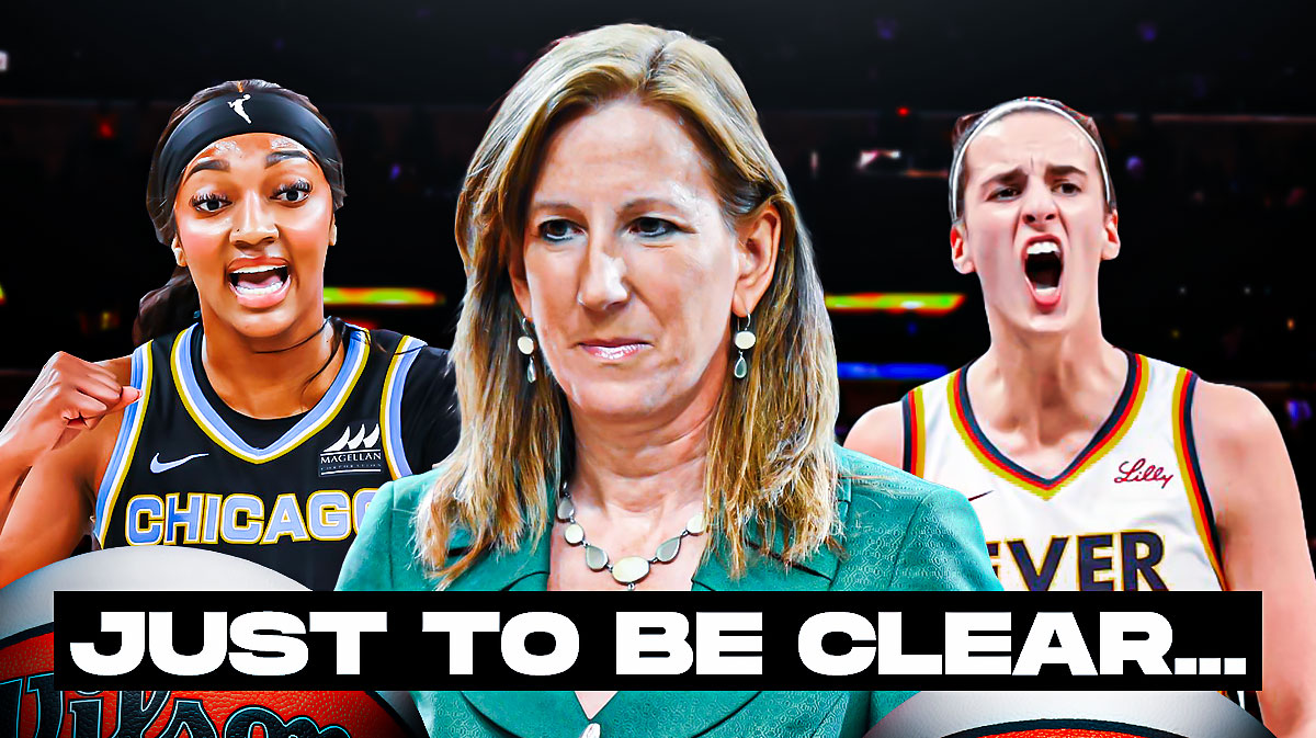 WNBA commissioner Cathy Engelbert looking serious, with Fever's Caitlin Clark and Sky's Angel Reese beside her, with caption below: JUST TO BE CLEAR...