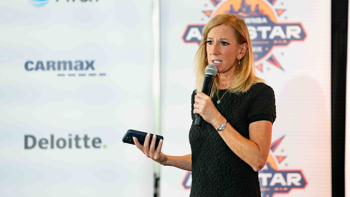 WNBA Commissioner Cathy Engelbert speaks during the Changemaker Day event at Parsons Leadership Center at Camp South Mountain in Phoenix on July 18, 2024.