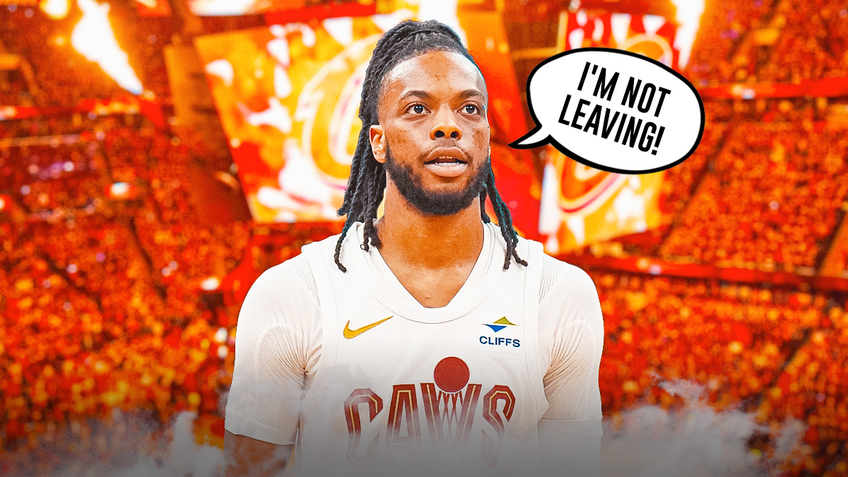 Darius Garland with a speech bubble saying, "I'm not leaving!" with a Cavs-themed BG.