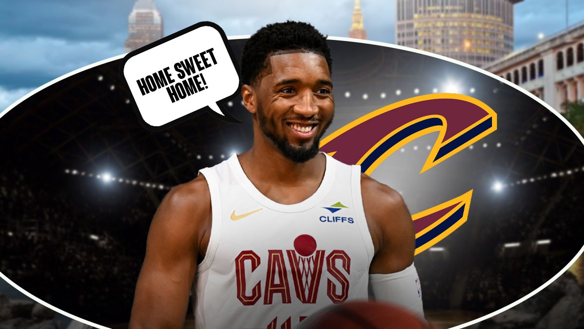 Donovan Mitchell looking at Cleveland saying, "Home Sweet Home!"
