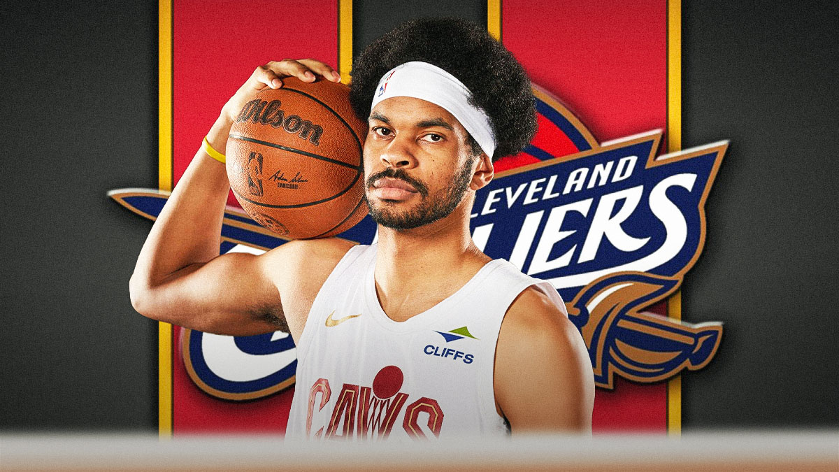 Jarrett Allen with fire in his eyes featuring a Cavs-themed BG.