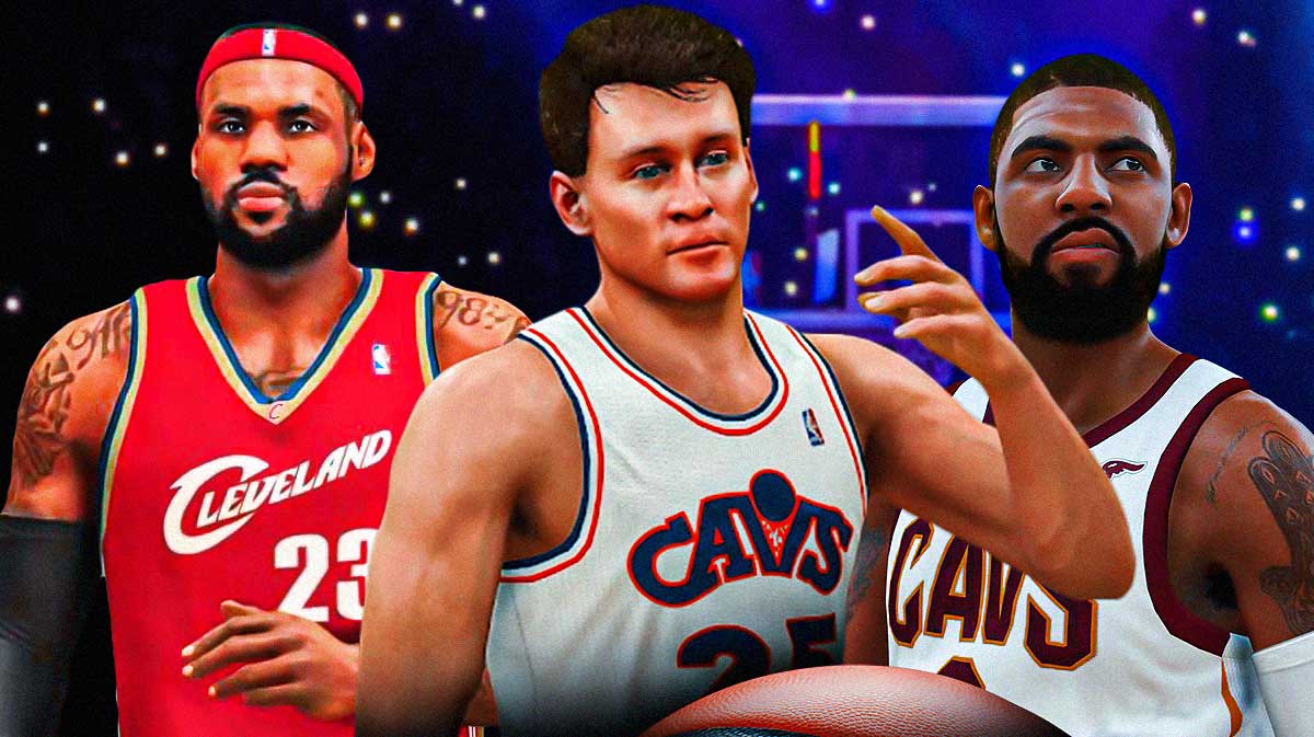 NBA 2K-style graphic featuring LeBron James, Kyrie Irving and Mark Price