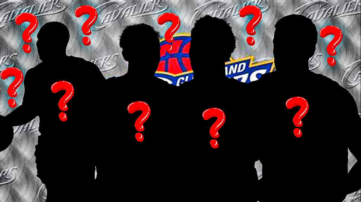 Four silhouetted Cavs players surrounded by question marks with a Cavs-themed BG.