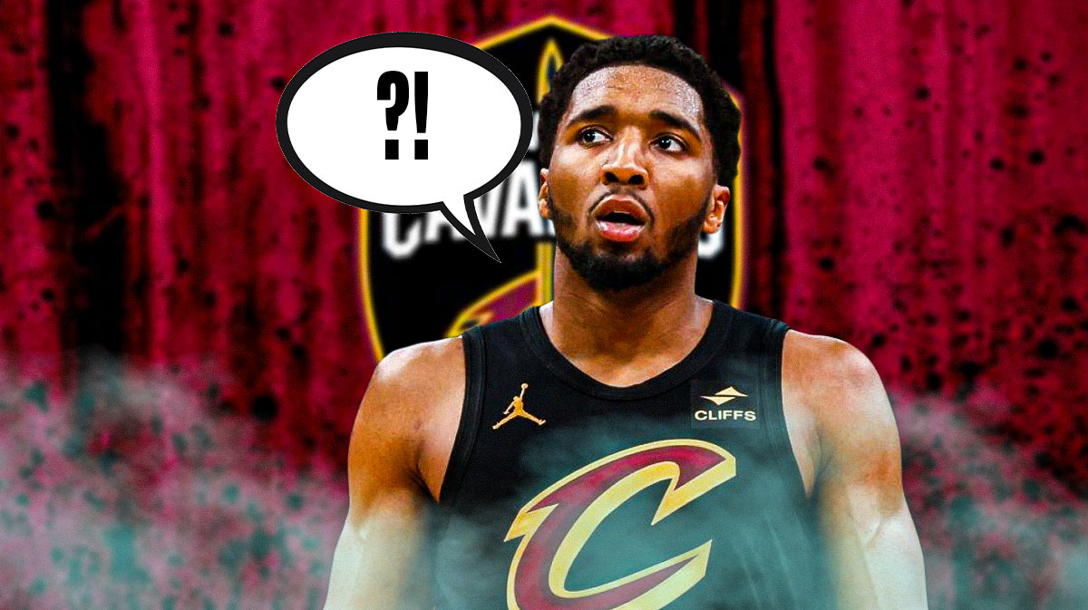 Donovan Mitchell with a speech bubble that says, "?!" featuring a Cavs-themed BG.