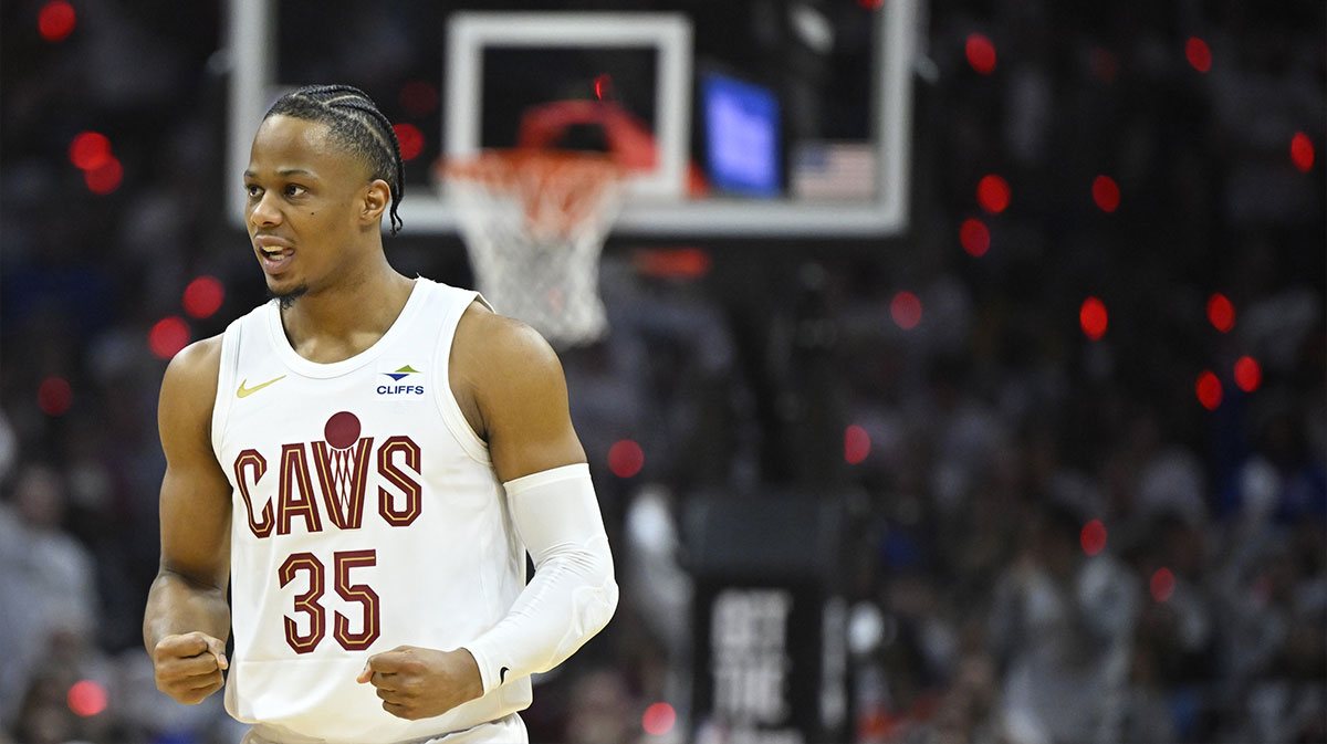 Cavaliers forward Isaac Okoro (35) celebrates during the second quarter against the Orlando Magic in Game 2 of the first round of the 2024 NBA Playoffs at Rocket Mortgage FieldHouse. 