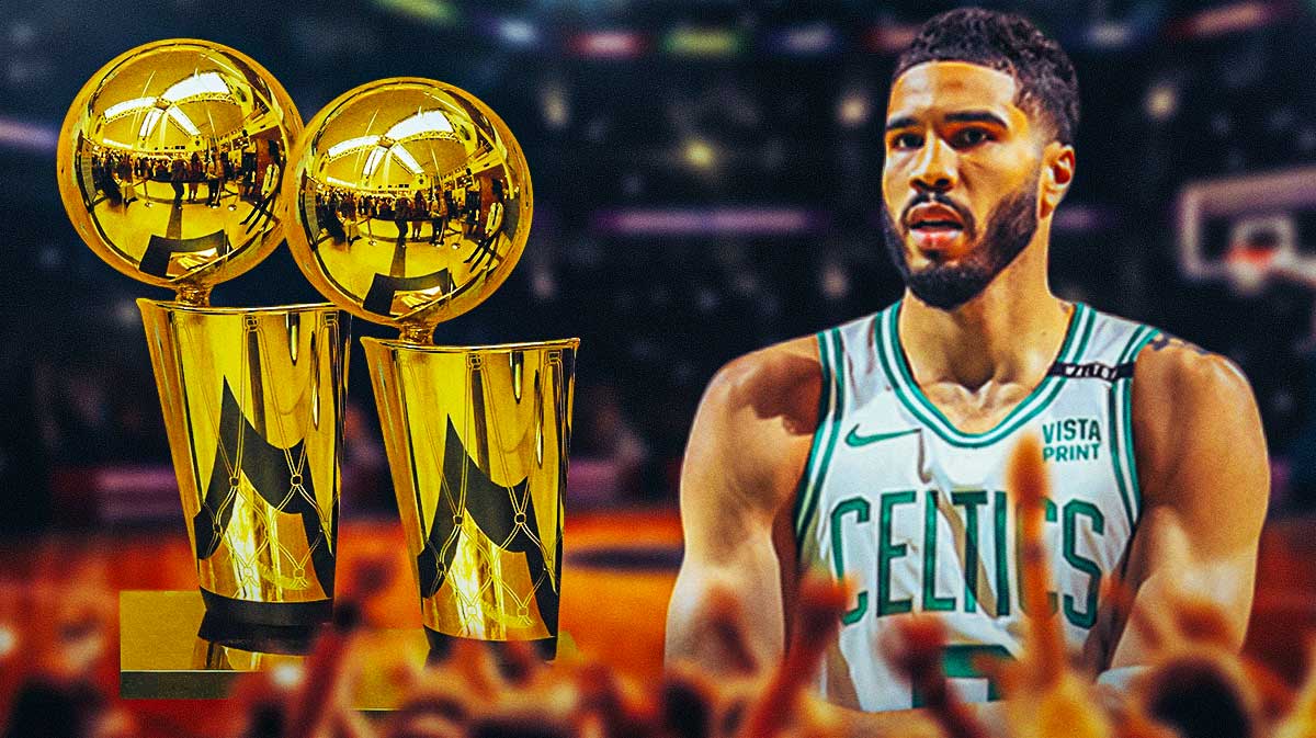 image idea: Jayson Tatum next to two Larry O'Brien Championship Trophies on a Boston city background or a generic Celtics background