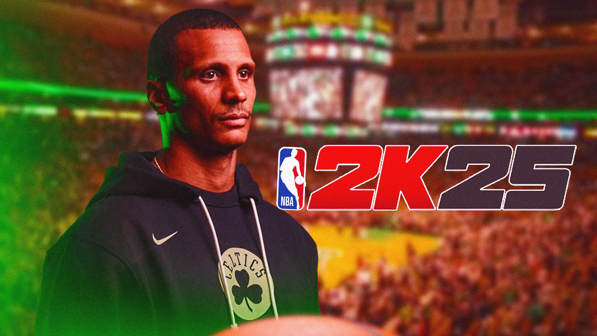 Celtics' Joe Mazzulla looking at the 2K25 logo at TD Garden