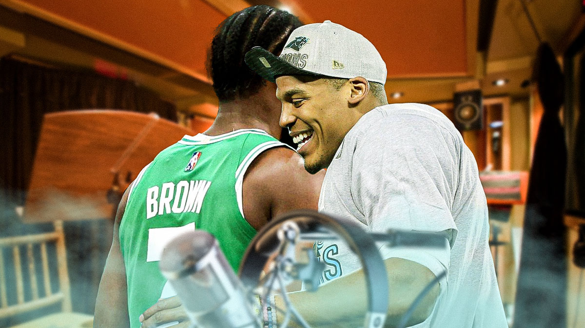 NFL quarterback Cam Newton smiling with his arm around Celtics superstar Jaylen Brown in a recording booth