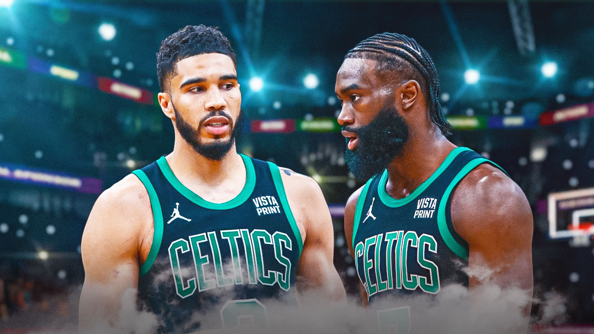 Jayson Tatum and Jaylen Brown looking focused/locked in on a Celtics background