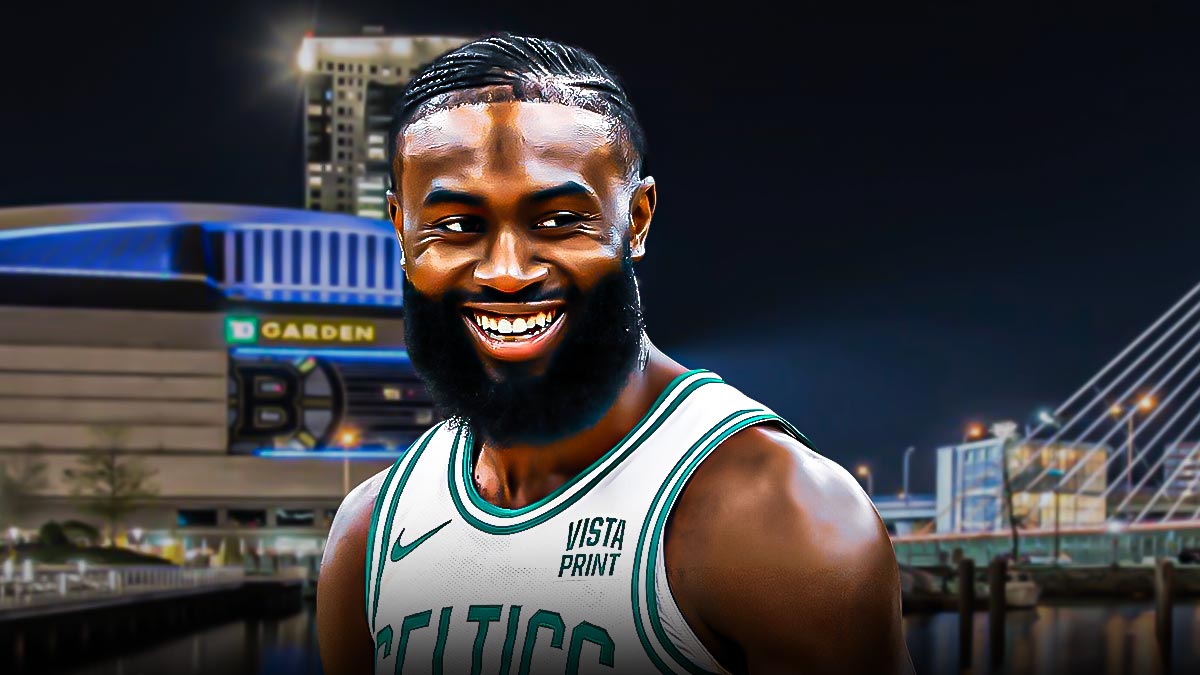 Celtics' Jaylen Brown, TD Garden in back