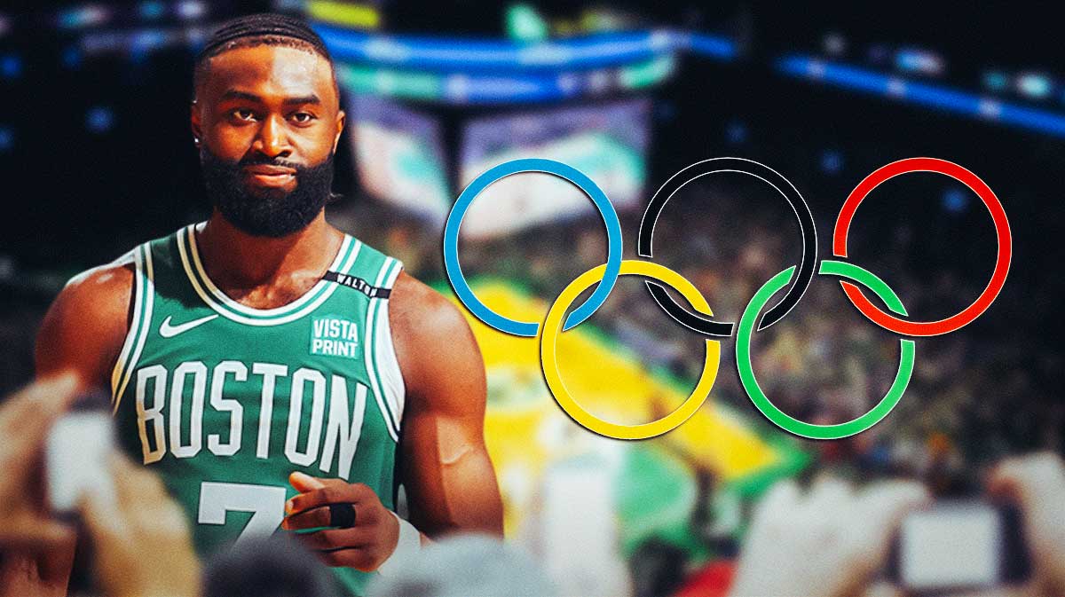 Jaylen Brown in a Celtics uniform. Olympics logo