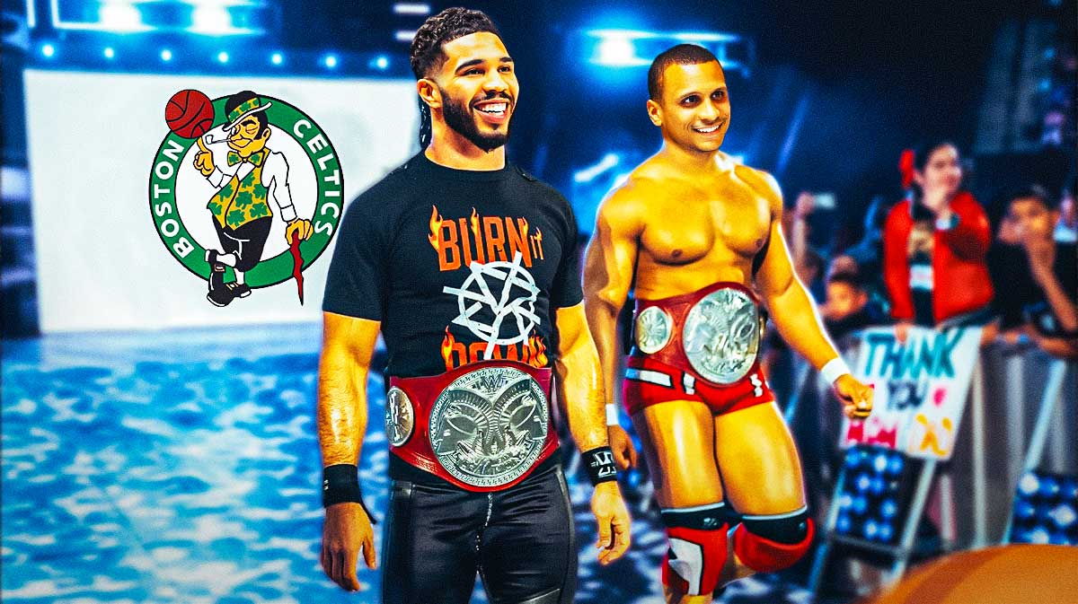 Jayson Tatum and Joe Mazzulla of the Celtics as the wrestlers making an entrance
