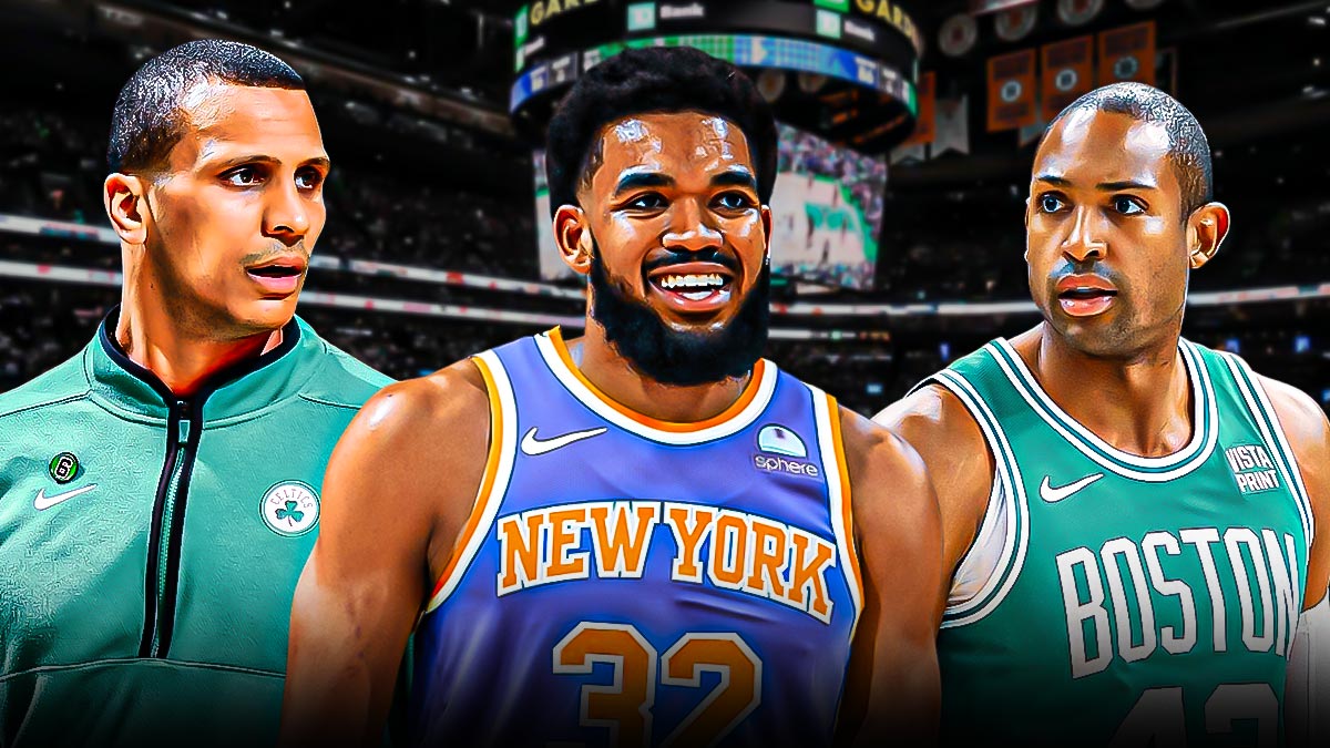 Celtics' Joe Mazzulla and Al Horford looking at Knicks' Karl Anthony-Towns