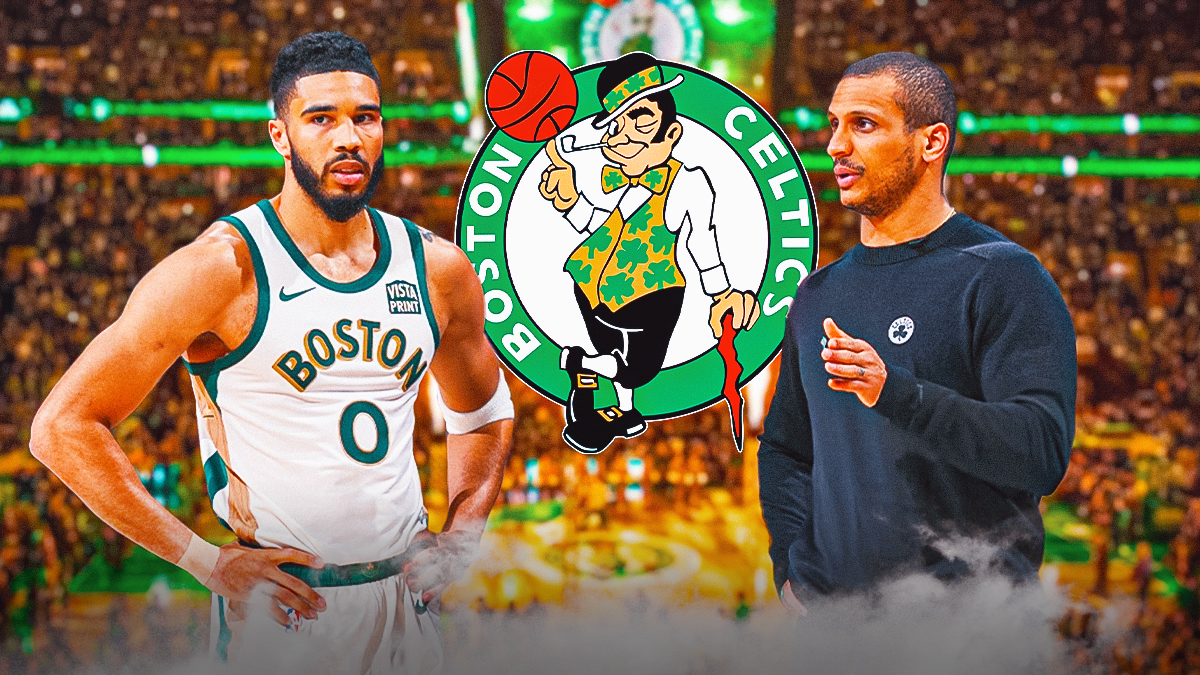 Joe Mazzulla and Jayson Tatum next to a Celtics logo at TD Garden