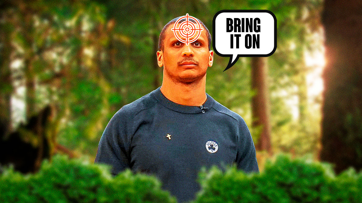 a target/bullseye right on Joe Mazzulla's forehead with him saying "Bring it on" with a speech bubble. Can be a forest/hunting background