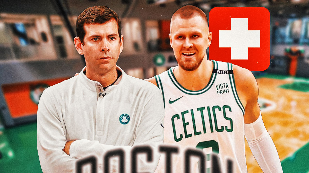 Celtics' Kristaps Porzingis with Brad Stevens