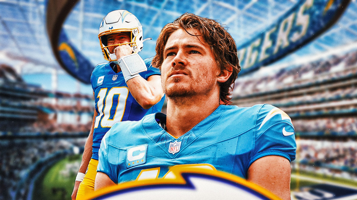 Chargers Justin Herbert looking upset at SoFi Stadium