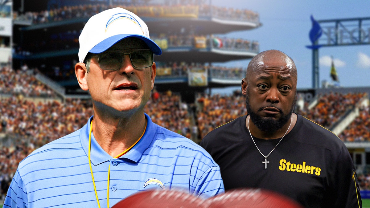 Los Angeles Chargers head coach Jim Harbaugh, looking at Pittsburgh Steelers head coach Mike Tomlin with a background of Acrisure Stadium.