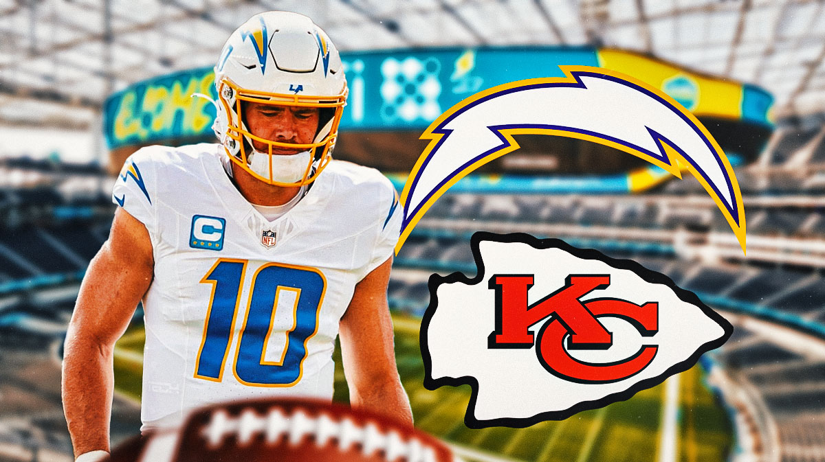 Chargers quarterback Justin Herbert next to a Chargers logo & the Chiefs logo