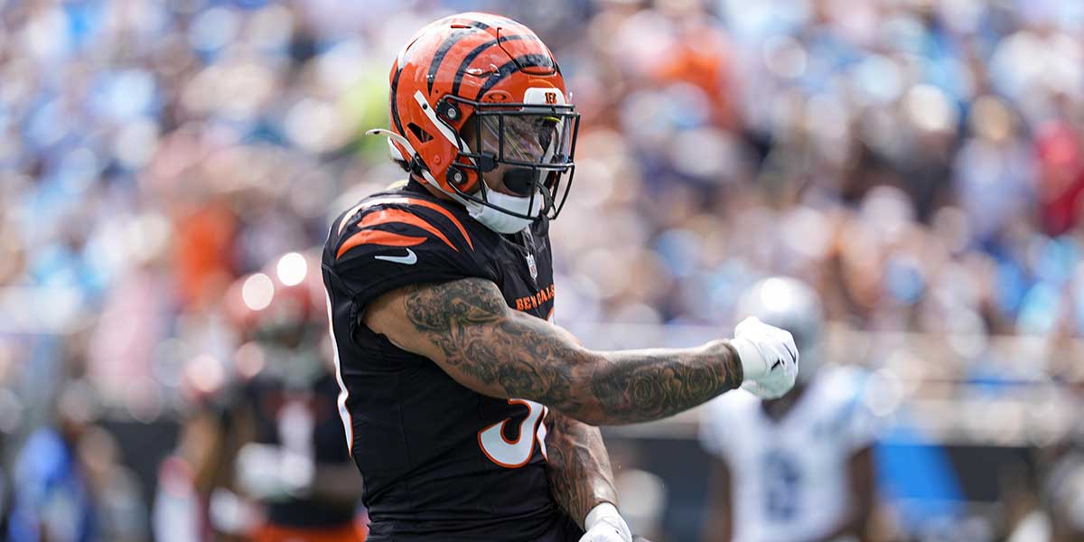 Cincinnati Bengals running back Chase Brown (30) reacts to his touchdown run against the Carolina Panthers during the first quarter at Bank of America Stadium. 