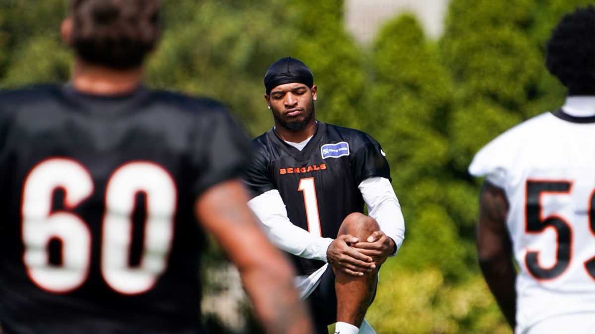 Cincinnati Bengals wide receiver Ja'Marr Chase (1) stretches during training, Wednesday, Sept. 4, 2024, at the Kettering Health Practice Fields outside of Paycor Stadium in Cincinnati.