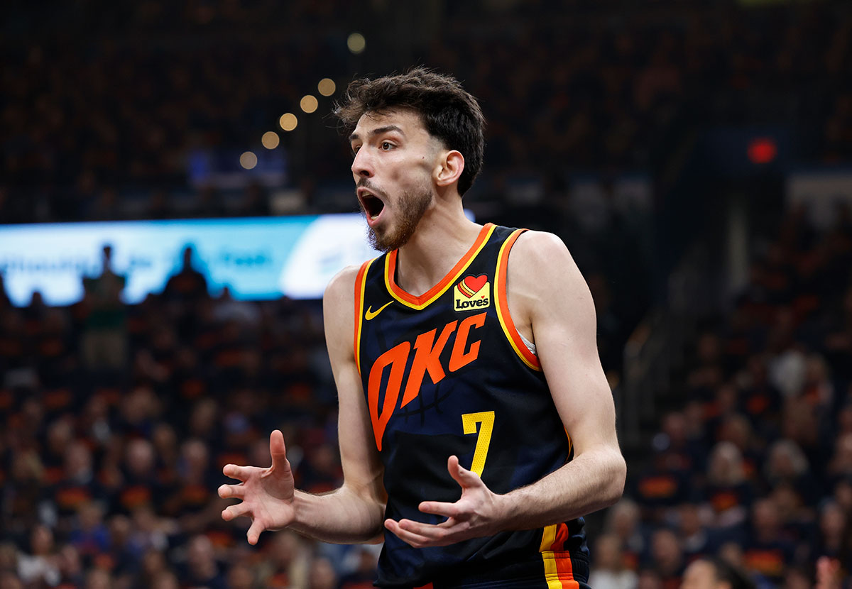 Oklahoma City Thunder forward Chet Holmgren (7) reacts to an official’s call after a play against the Dallas Mavericks during the first quarter of game five of the second round for the 2024 NBA playoffs at Paycom Center. 