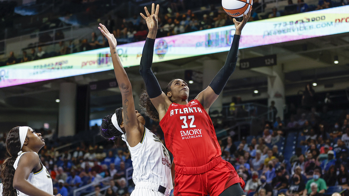 Atlanta Dream forward Cheyenne Parker (32) goes to the basket against Chicago Sky forward Ruthy Hebard (24) during the first half of a WNBA game at Wintrust Arena.