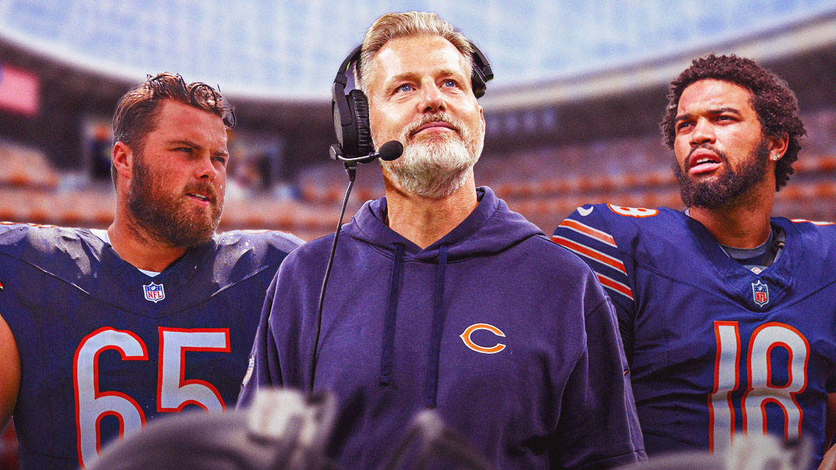 Caleb Williams and Coleman Shelton looking at coach Matt Eberflus.