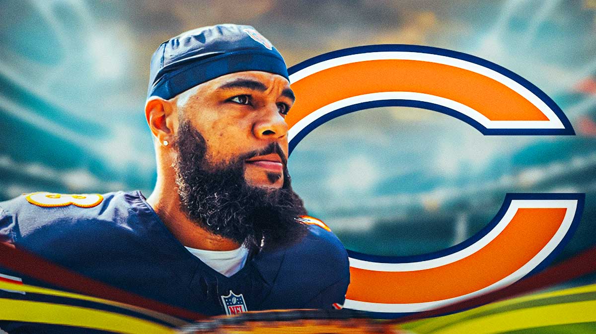 Bears wide receiver Keenan Allen next to a football field and the Bears logo