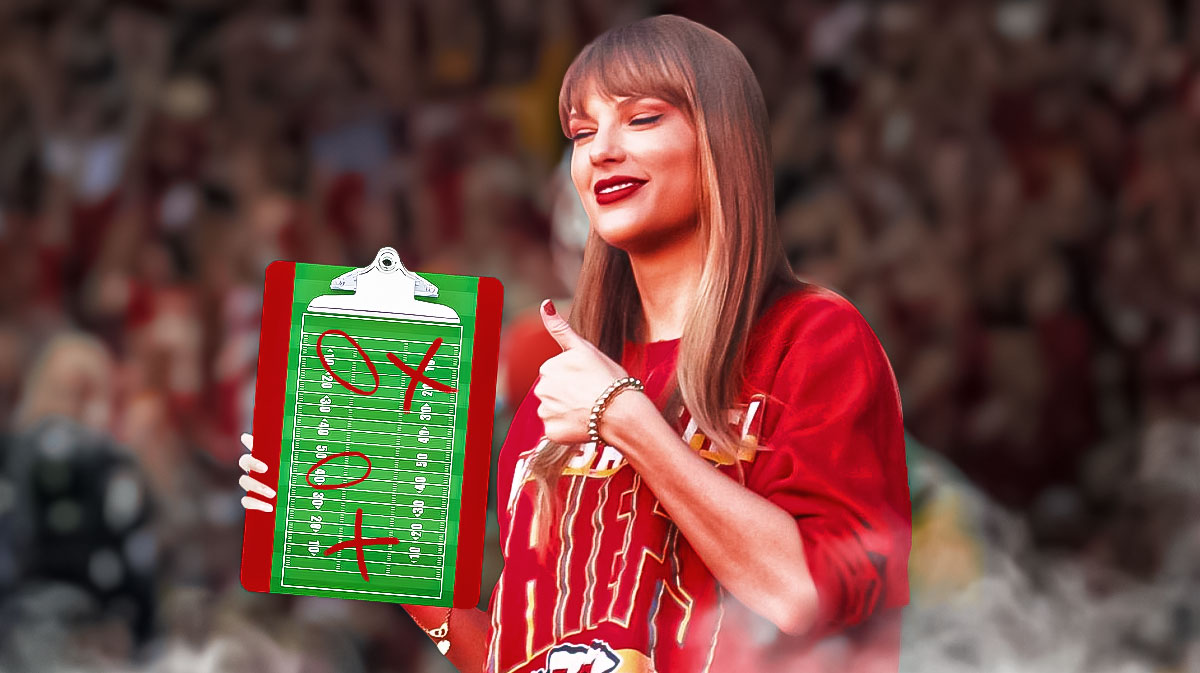 Taylor Swift drawing up plays on clipboard with X and O's surrounding.